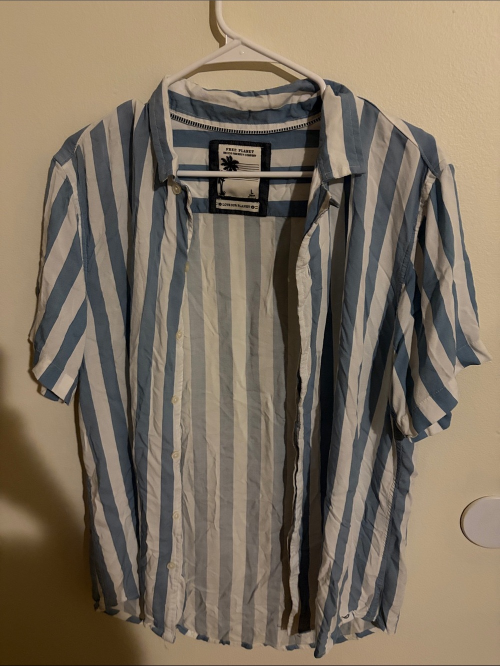 Free Planet Blue and White Vertical-Stripe Short Sleeve Button-Up Shirt
